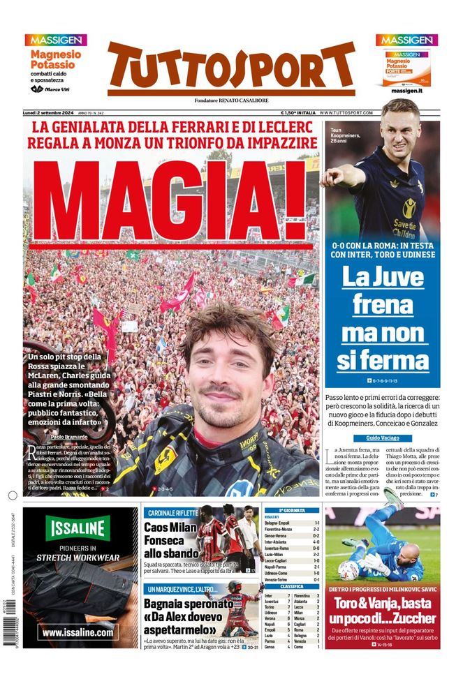 Tuttosport, la prima pagina di oggi, lunedì 2 settembre 2024 Tuttosport