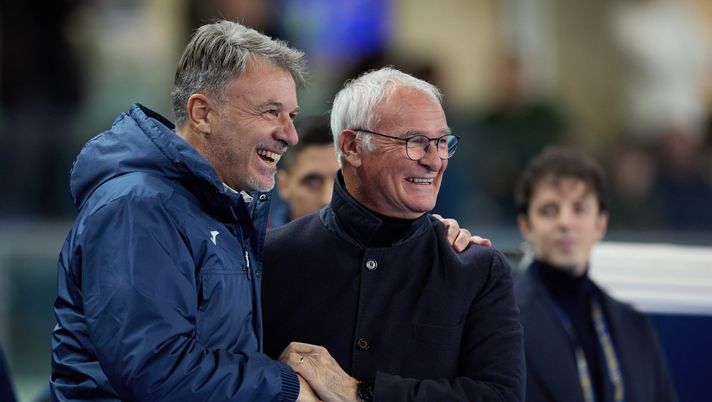 VERONA, ITALY - DECEMBER 23: Head Coach Marco Baroni of Hellas Verona FC and Head Coach Claudio Ranieri of Cagliari Calcio during the Serie A TIM match between Hellas Verona FC and Cagliari Calcio at Stadio Marcantonio Bentegodi on December 23, 2023 in Verona, Italy. (Photo by Francesco Scaccianoce/Getty Images) europa league
