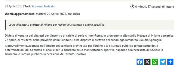 Inter-Roma, il Viminale spoilera la data: “Si gioca domenica 27 aprile”. Ma tace sull’orario- immagine 2