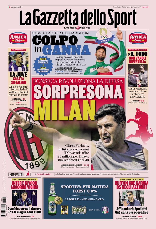 La Gazzetta dello Sport, la prima pagina di oggi, mercoledì 24 luglio 2024