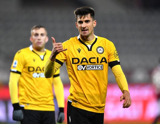 TURIN, ITALY - DECEMBER 12: Ignacio Pussetto of Udinese Calcio celebrates after scoring their team's first goal during the Serie A match between Torino FC and Udinese Calcio at Stadio Olimpico di Torino on December 12, 2020 in Turin, Italy. Sporting stadiums around Italy remain under strict restrictions due to the Coronavirus Pandemic as Government social distancing laws prohibit fans inside venues resulting in games being played behind closed doors. (Photo by Valerio Pennicino/Getty Images)