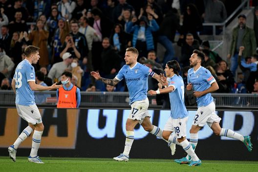 ROME, ITALY - APRIL 16: Ciro Immobile of SS Lazio celebrates a first goal with his team mates during the Serie A match between SS Lazio and Torino FC at Stadio Olimpico on April 16, 2022 in Rome, Italy. (Photo by Marco Rosi - SS Lazio/Getty Images)