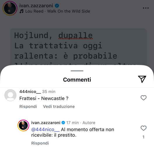 Un tifoso dell’Inter gli chiede di Frattesi-Newcastle: Zazzaroni risponde così sui social- immagine 2