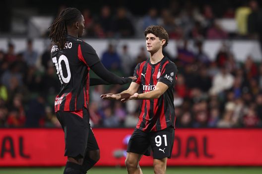 PERTH, AUSTRALIA - JULY 31: Rafael Leao (L) of AC Milan celebrates with Mattia Liberali after scoring the his team's sixth goal during the match between Perth Glory and AC Milan at HBF Park on July 31, 2025 in Perth, Australia. (Photo by Giuseppe Cottini/AC Milan via Getty Images)