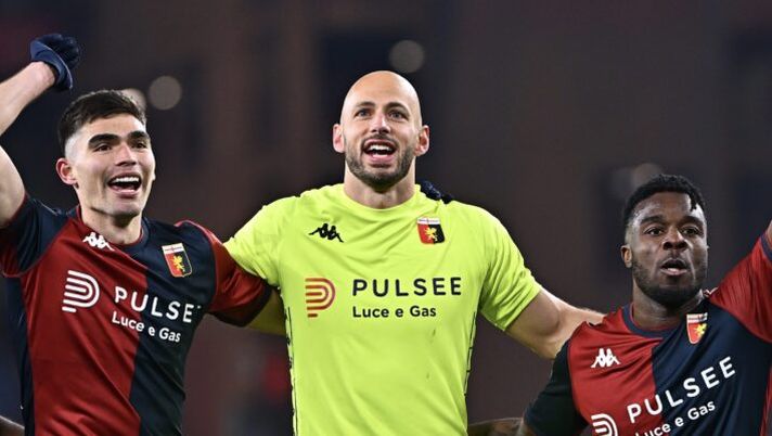 GENOA, ITALY - FEBRUARY 17: Jean Onana, Johan Vasquez, Nicola Leali and Maxwel Cornet of Genoa celebrate victory at the end of the Serie A match between Genoa and Venezia at Stadio Luigi Ferraris on February 17, 2025 in Genoa, Italy. (Photo by Simone Arveda/Getty Images) Genoa, le ultime di formazione: chi c’è in pole dietro a Pinamonti, per Leali e Martin… - immagine 1