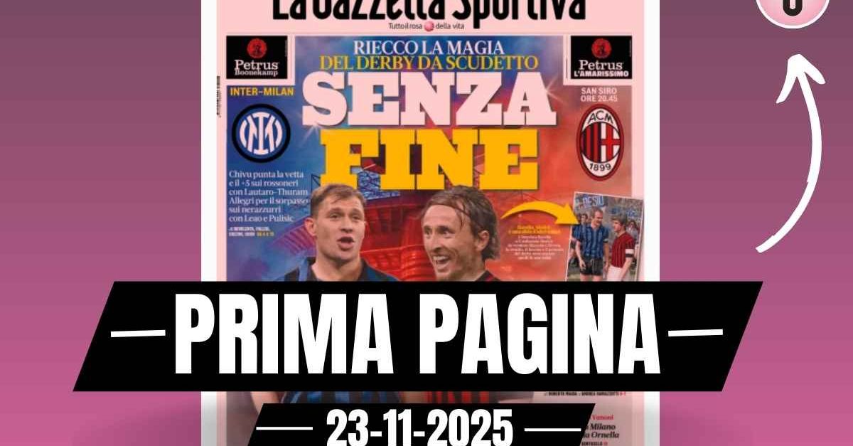 Prima pagina Gazzetta dello Sport, derby scudetto tra Inter e Milan: “Senza fine”