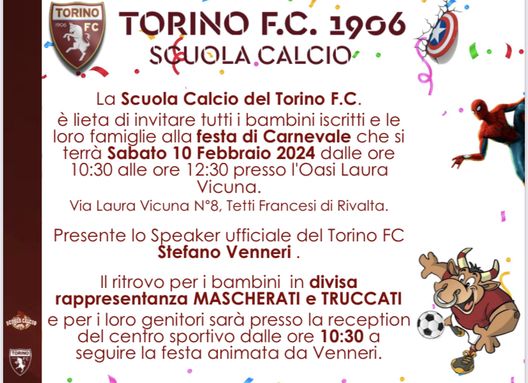 Sabato 10 febbraio la festa di Carnevale della Scuola Calcio del Torino- immagine 2