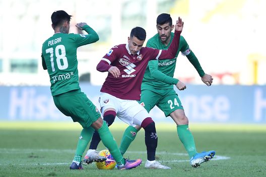 TURIN, ITALY - DECEMBER 08: Alejandro Berenguer (C) of Torino FC is challenged by Erick Antonio Pulgar (L) and Marco Benassi of ACF Fiorentina during the Serie A match between Torino FC and ACF Fiorentina at Stadio Olimpico di Torino on December 8, 2019 in Turin, Italy. (Photo by Valerio Pennicino/Getty Images)