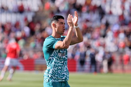 LISBON, PORTUGAL - JUNE 06: Cristiano Ronaldo #7 of Portugal warms up prior to the international friendly match between Portugal and Chile at Estadio Nacional do Jamor on June 06, 2026 in Lisbon, Portugal. (Photo by Carlos Rodrigues/Getty Images)