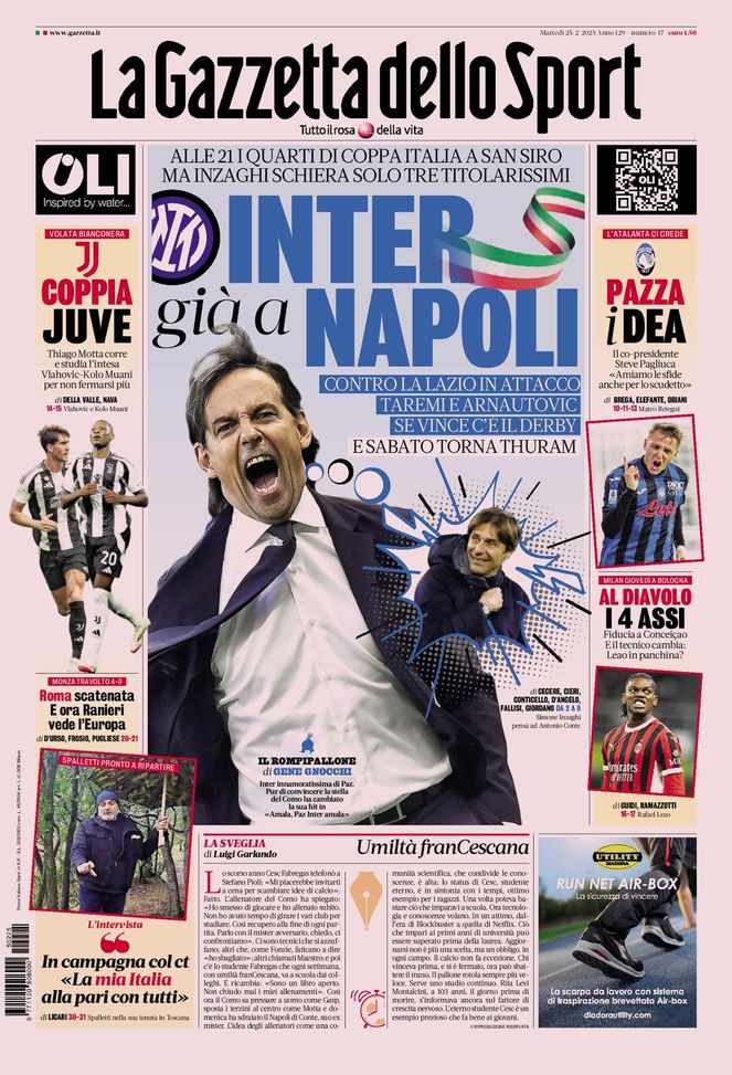 La Gazzetta dello Sport, la prima pagina di oggi, martedì 25 febbraio 2025