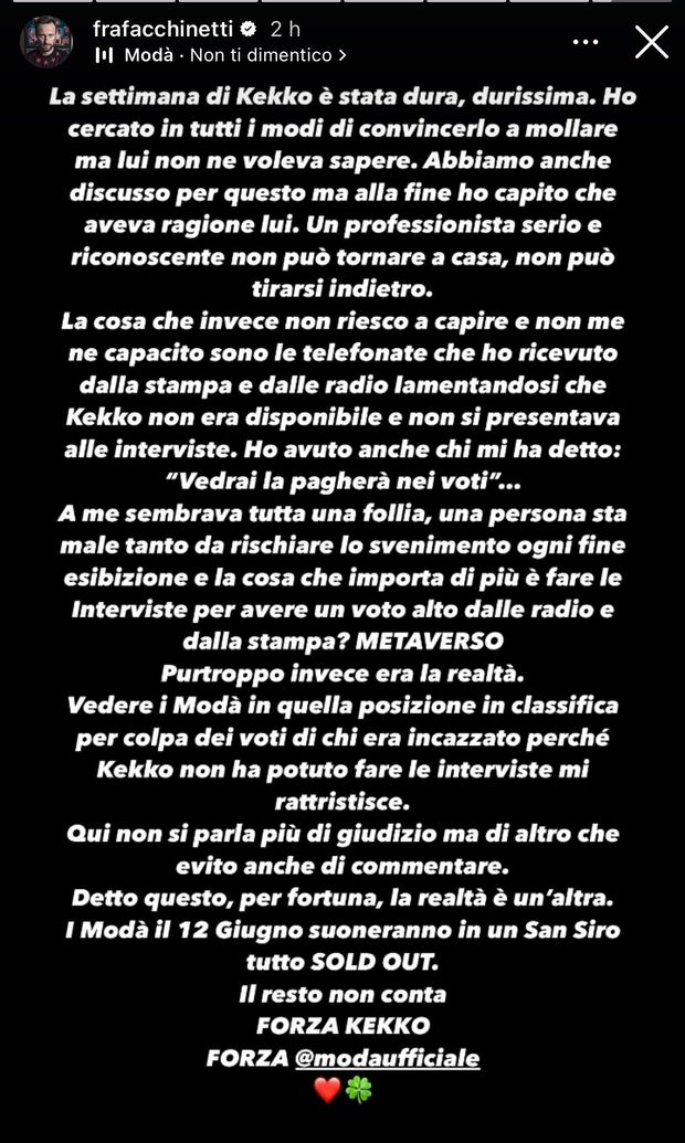 Facchinetti: “Kekko penalizzato perchè non poteva fare le interviste, follia”- immagine 2