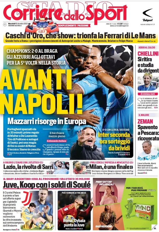 EDICOLA / CdS: Champions, avanti Napoli. Inter seconda, ora sorteggio da brividi - immagine 1