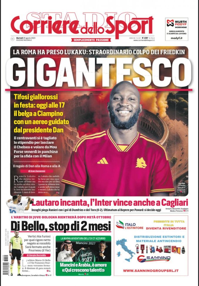 Il Corriere dello Sport, la prima pagina di oggi, martedì 29 agosto 2023 Il Corriere dello Sport