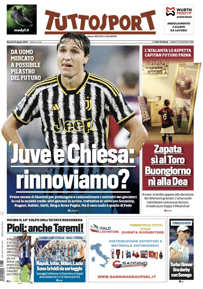 Prima pagina Tuttosport 31-08-2023