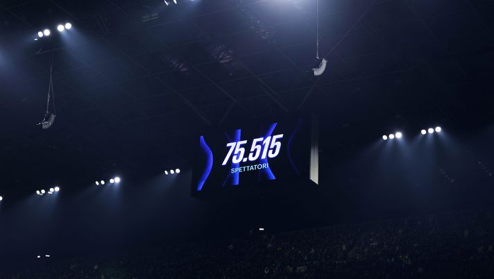 MILAN, ITALY - FEBRUARY 14: A general view of the stadium during the Serie A match between FC Internazionale and Juventus FC at Giuseppe Meazza Stadium on February 14, 2026 in Milan, Italy. (Photo by Francesco Scaccianoce - Inter/Inter via Getty Images) Inter-Juventus, più di 75mila spettatori: ecco l’incasso lordo, il 2o maggiore della storia - immagine 1