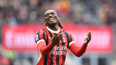 MILAN, ITALY - JANUARY 26: Rafael Leao of AC Milan reacts during the Serie A match between AC Milan and Parma at Stadio Giuseppe Meazza on January 26, 2025 in Milan, Italy. (Photo by Claudio Villa/AC Milan via Getty Images)