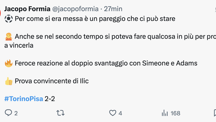 Torino-Pisa 2-2, le reazioni social: “Per come si era messa il pari può starci” - immagine 1