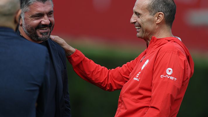 CAIRATE, ITALY - AUGUST 20: Italy Head Coach Gennaro Gattuso and head coach AC Milan Massimiliano Allegri look on during AC Milan training session at Milanello on August 20, 2025 in Cairate, Italy. (Photo by Claudio Villa/AC Milan via Getty Images)  Gattuso Milanello