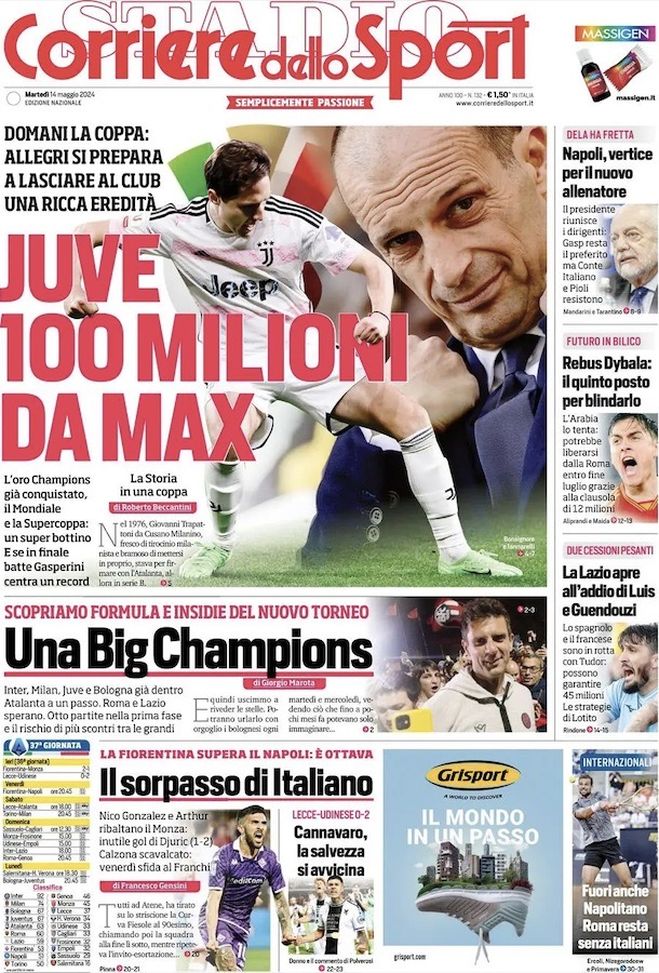 Il Corriere dello Sport, la prima pagina di oggi, martedì 14 maggio 2024 Il Corriere dello Sport