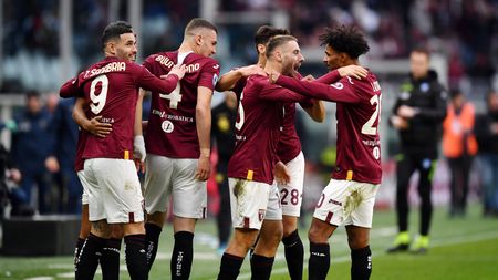TURIN, ITALY - JANUARY 07: Nikola Vlasic of Torino FC celebrates scoring his team's second goal with teammates during the Serie A TIM match between Torino FC and SSC Napoli at Stadio Olimpico di Torino on January 07, 2024 in Turin, Italy. (Photo by Valerio Pennicino/Getty Images)