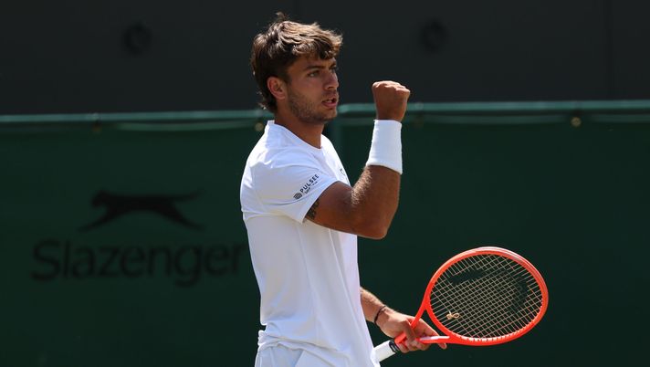 LONDON, ENGLAND - JULY 07: Flavio Cobolli of Italy celebrates against Marin Cilic of Croatia during the Gentlemen's Singles fourth round match on day eight of The Championships Wimbledon 2025 at All England Lawn Tennis and Croquet Club on July 07, 2025 in London, England. (Photo by Clive Brunskill/Getty Images) cobolli