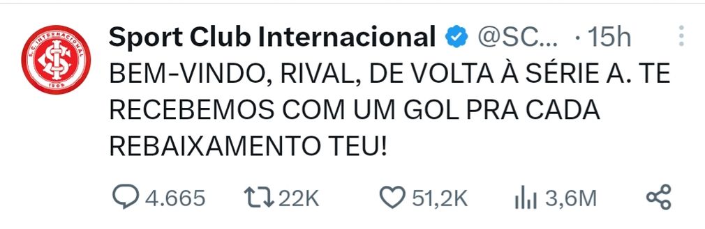 L’Internacional provoca il Grêmio dopo la vittoria nel derby: “Un gol per ogni retrocessione”- immagine 2