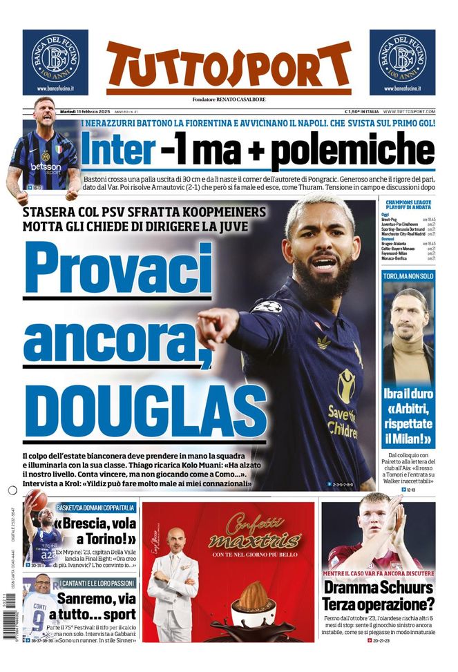 Tuttosport, la prima pagina di oggi, martedì 11 febbraio 2025 Tuttosport