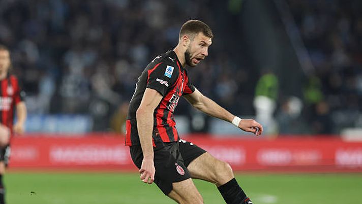 ROME, ITALY - MARCH 15: Strahinja Pavlovic of AC Milan in action during the Serie A match between SS Lazio and AC Milan at Stadio Olimpico on March 15, 2026 in Rome, Italy. (Photo by Claudio Villa/AC Milan via Getty Images) pavlovic