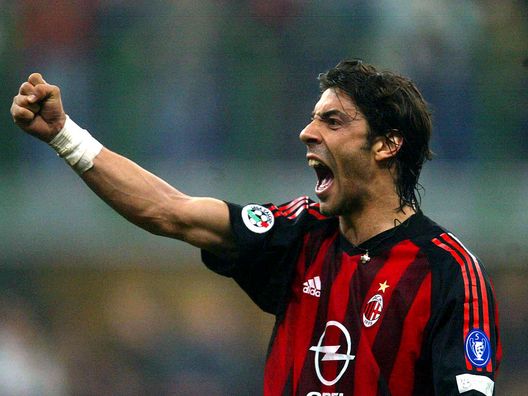 MILAN - APRIL 11: Manuel Rui Costa of AC Milan celebrates as his team score during the Serie A match between Inter Milan and AC Milan, played at the 'Giuseppe Meazza' San Siro Stadium, Milan, Italy on April 11, 2003. (Photo by Grazia Neri/Getty Images) Rui Costa