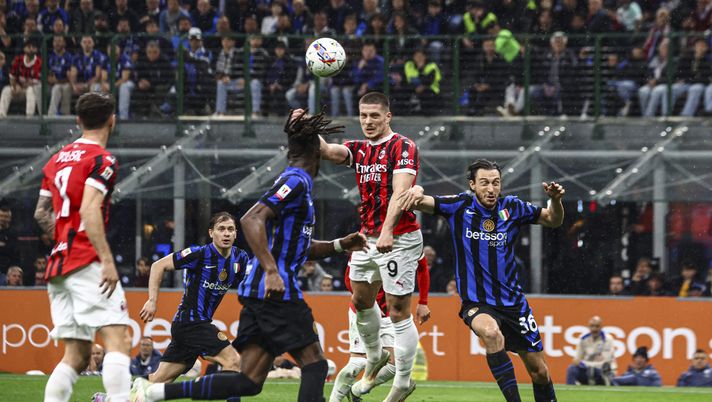 MILAN, ITALY - APRIL 23: Luka Jovic of AC Milan scores the opening goal during the Coppa Italia Semi Final match between FC Internazionale and AC Milan at Stadio Giuseppe Meazza on April 23, 2025 in Milan, Italy. (Photo by Giuseppe Cottini/AC Milan via Getty Images) Inter Milan