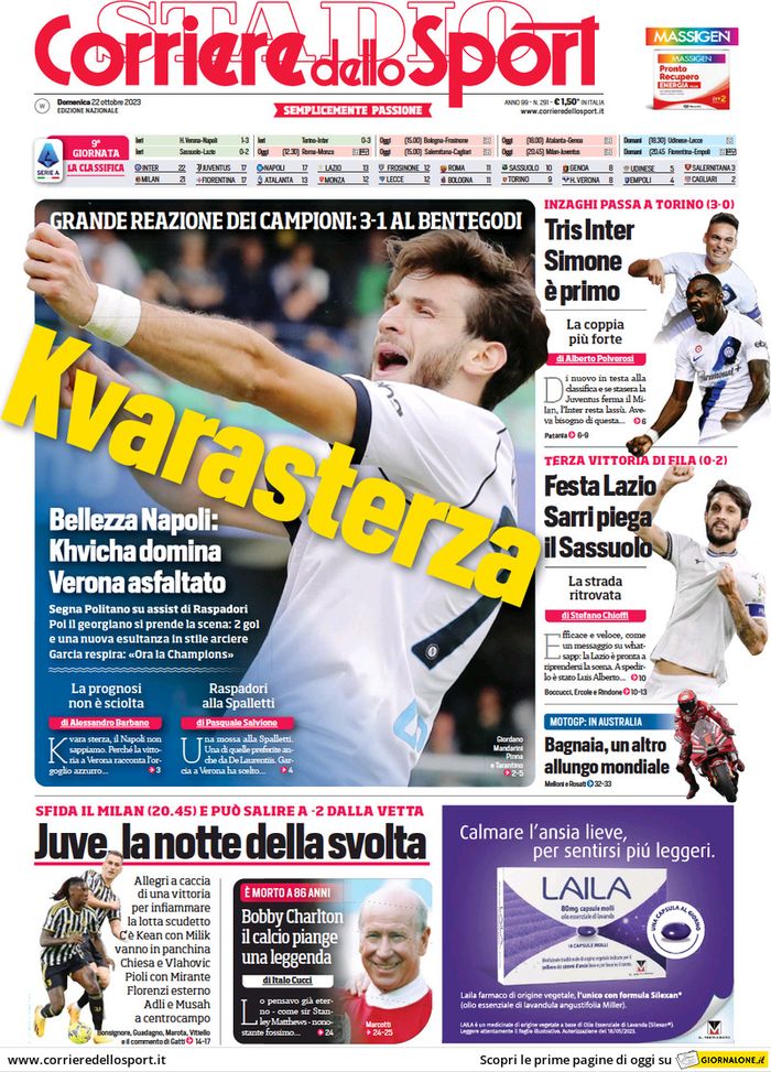 Il Corriere dello Sport, la prima pagina di oggi, domenica 22 ottobre 2023 Il Corriere dello Sport