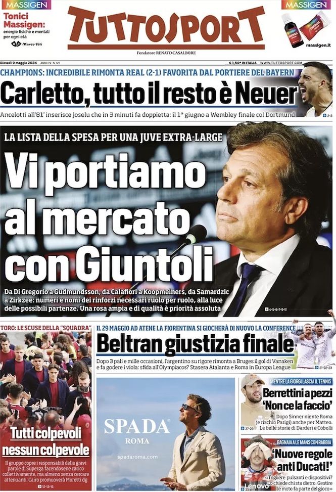 Tuttosport, la prima pagina di oggi, giovedì 9 maggio 2024 Tuttosport
