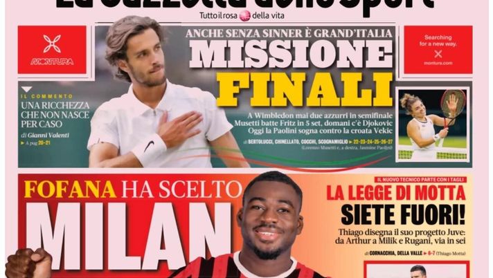 PRIMA PAGINA GAZZETTA DELLO SPORT OGGI: “Fofana ha scelto, Milan arrivo” PRIMA PAGINA GAZZETTA DELLO SPORT OGGI: “Inzaghi al rinnovo, ci metto la firma”