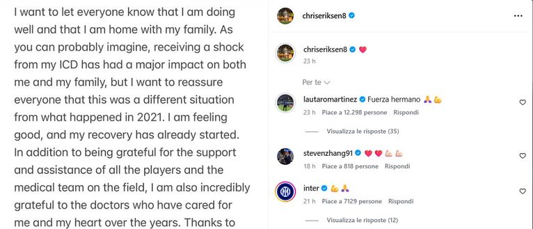 Eriksen sta bene. Sui social arriva l’abbraccio di Lautaro- immagine 3