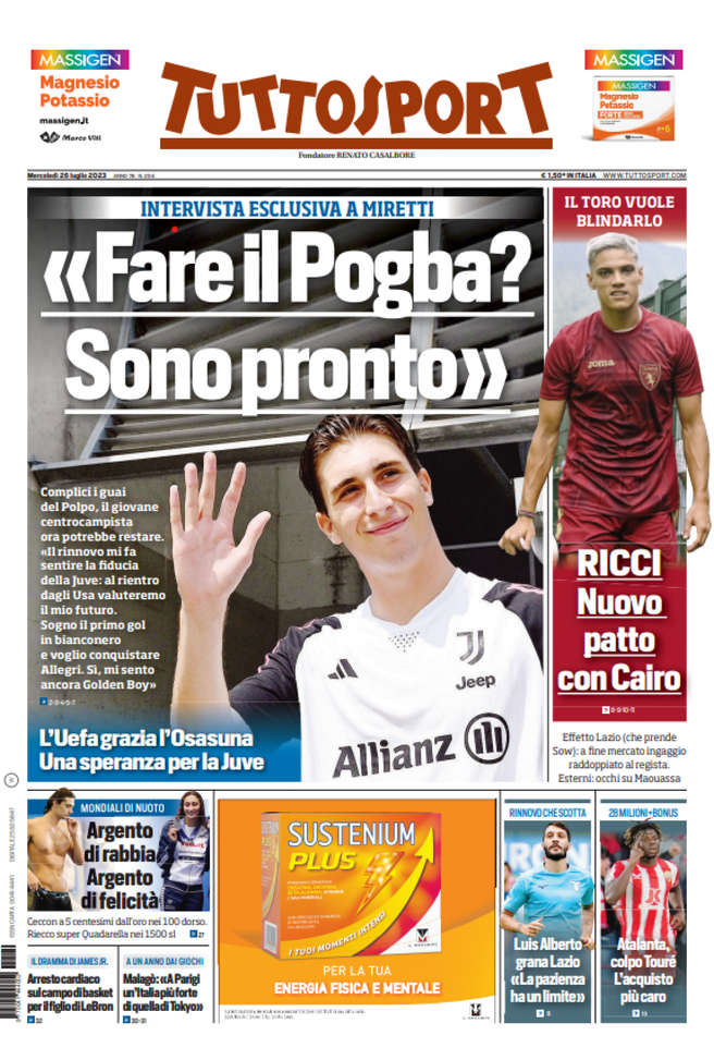 EDICOLA / TS: Juve, intervista a Miretti, “Fare il Pogba? Sono pronto” - immagine 1