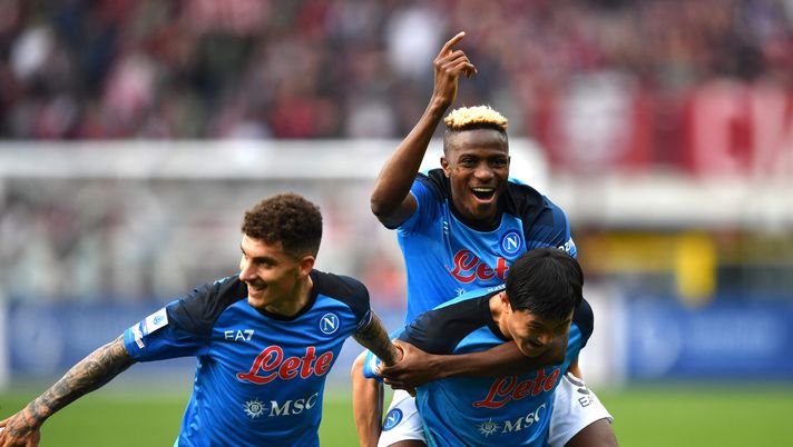 TURIN, ITALY - MARCH 19: Victor Osimhen of SSC Napoli celebrates with Kim Min-Jae and Giovanni Di Lorenzo of SSC Napoli following their win during the Serie A match between Torino FC and SSC Napoli at Stadio Olimpico di Torino on March 19, 2023 in Turin, Italy. (Photo by Valerio Pennicino/Getty Images) Napoli scudetto osimhen kim