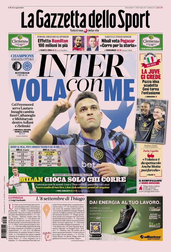La Gazzetta dello Sport, la prima pagina di oggi, mercoledì 5 marzo 2025