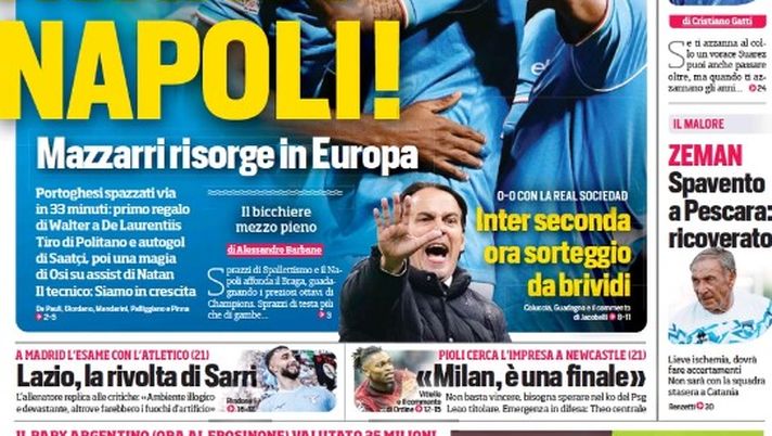 EDICOLA / CdS: Champions, avanti Napoli. Inter seconda, ora sorteggio da brividi - immagine 1