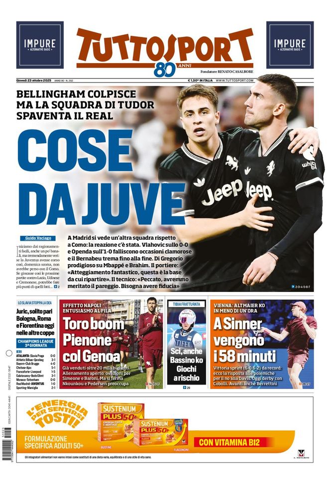 Tuttosport, la prima pagina di oggi, giovedì 23 ottobre 2025 Tuttosport