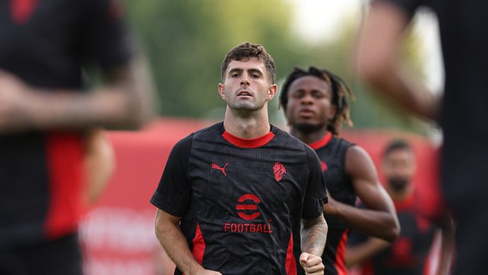 CAIRATE, ITALY - AUGUST 25: Christian Pulisic of AC Milan in action during AC Milan training session at Milanello on August 25, 2025 in Cairate, Italy. (Photo by Claudio Villa/AC Milan via Getty Images) Pulisic