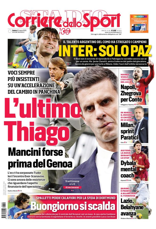 Il Corriere dello Sport, la prima pagina di oggi, sabato 22 marzo 2025 Il Corriere dello Sport