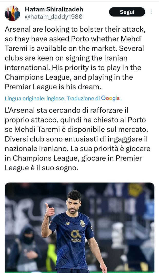 Piaceva in Italia: adesso è l’Arsenal a spingere con il Porto per Taremi- immagine 2