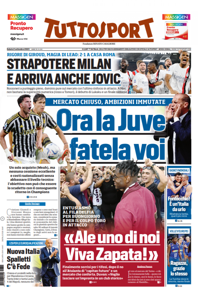 Tuttosport, la prima pagina di oggi, sabato 2 settembre 2023 Tuttosport