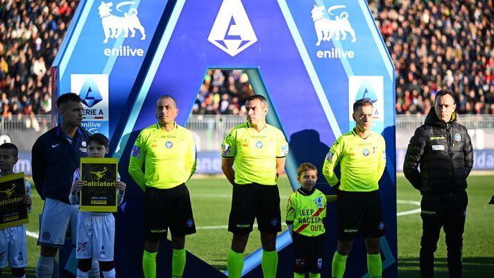 VENICE, ITALY - JANUARY 12: Referee Marco Piccinini , Ermanno Feliciani, Alessio Berti and Valerio Vecchi attend before the Serie A match between Venezia and FC Internazionale at Stadio Pier Luigi Penzo on January 12, 2025 in Venice, Italy. (Photo by Mattia Ozbot - Inter/Inter via Getty Images) Venezia Inter arbitro Piccinini