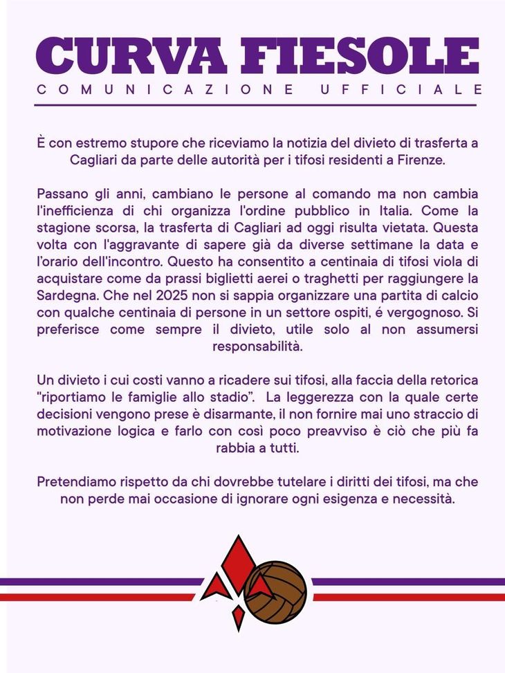 Cagliari vietata, il comunicato della Fiesole: “Passano gli anni ma stessa inefficienza”- immagine 2