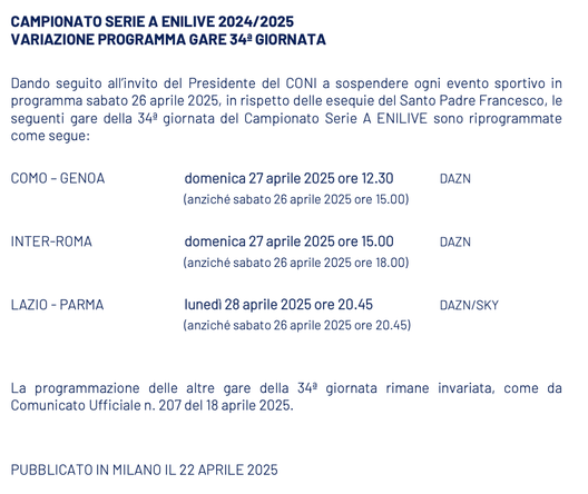 UFFICIALE – Inter-Roma rinviata a domenica: ecco l’orario! Per Como-Genoa e Lazio-Parma…- immagine 2