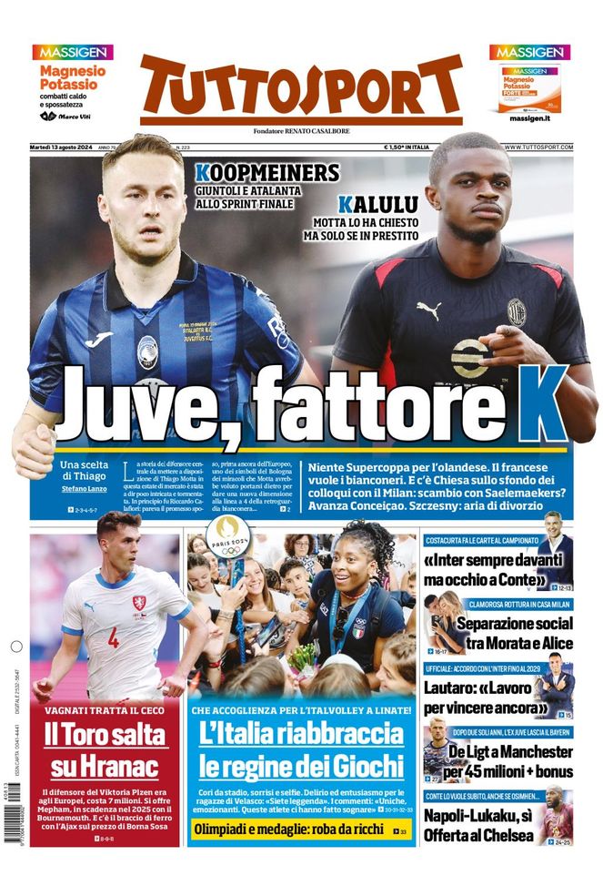 Tuttosport, la prima pagina di oggi, martedì 13 agosto 2024 Tuttosport