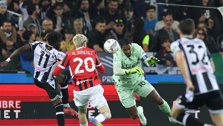 UDINE, ITALY - APRIL 11: Mike Maignan of AC Milan
in action during the Serie A match between Udinese and AC Milan at Stadio Friuli on April 11, 2025 in Udine, Italy. (Photo by Claudio Villa/AC Milan via Getty Images) Maignan