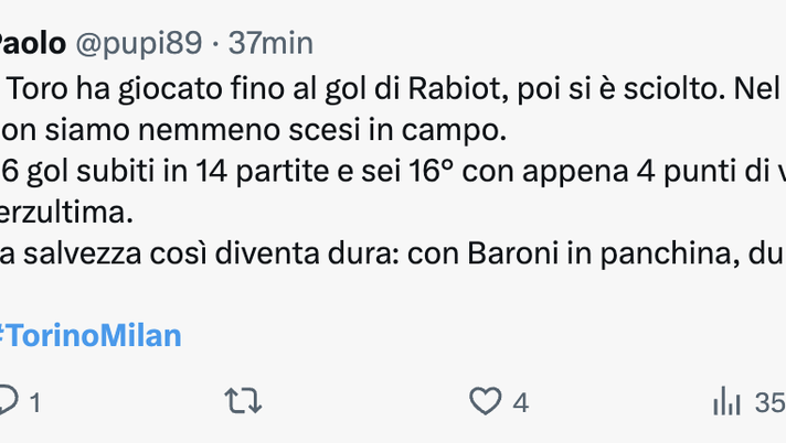 Torino-Milan 2-3, le reazioni social: “Dura salvarsi con Baroni in panchina” Torino-Milan 2-3, le reazioni social: “Dura salvarsi con Baroni in panchina” - immagine 1