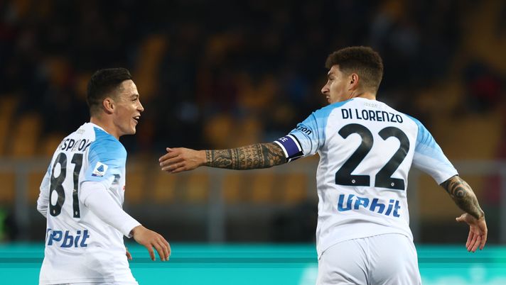 LECCE, ITALY - APRIL 07: Giovanni Di Lorenzo and Giacomo Raspadori of Napoli celebrate during the Serie A match between US Lecce and SSC Napoli at Stadio Via del Mare on April 07, 2023 in Lecce, Italy. (Photo by Maurizio Lagana/Getty Images) Juve Napoli